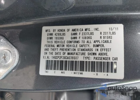 2012 Honda Accord 2.4 Lx from USA, damaged, VIN 1HGCP2F3XCA039507